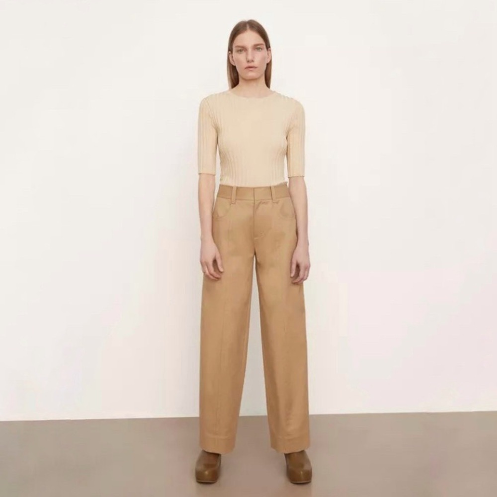 Vince Seam Front Trouser High Rise Wide Leg Cotton Pant Neutral Camel 14 Large